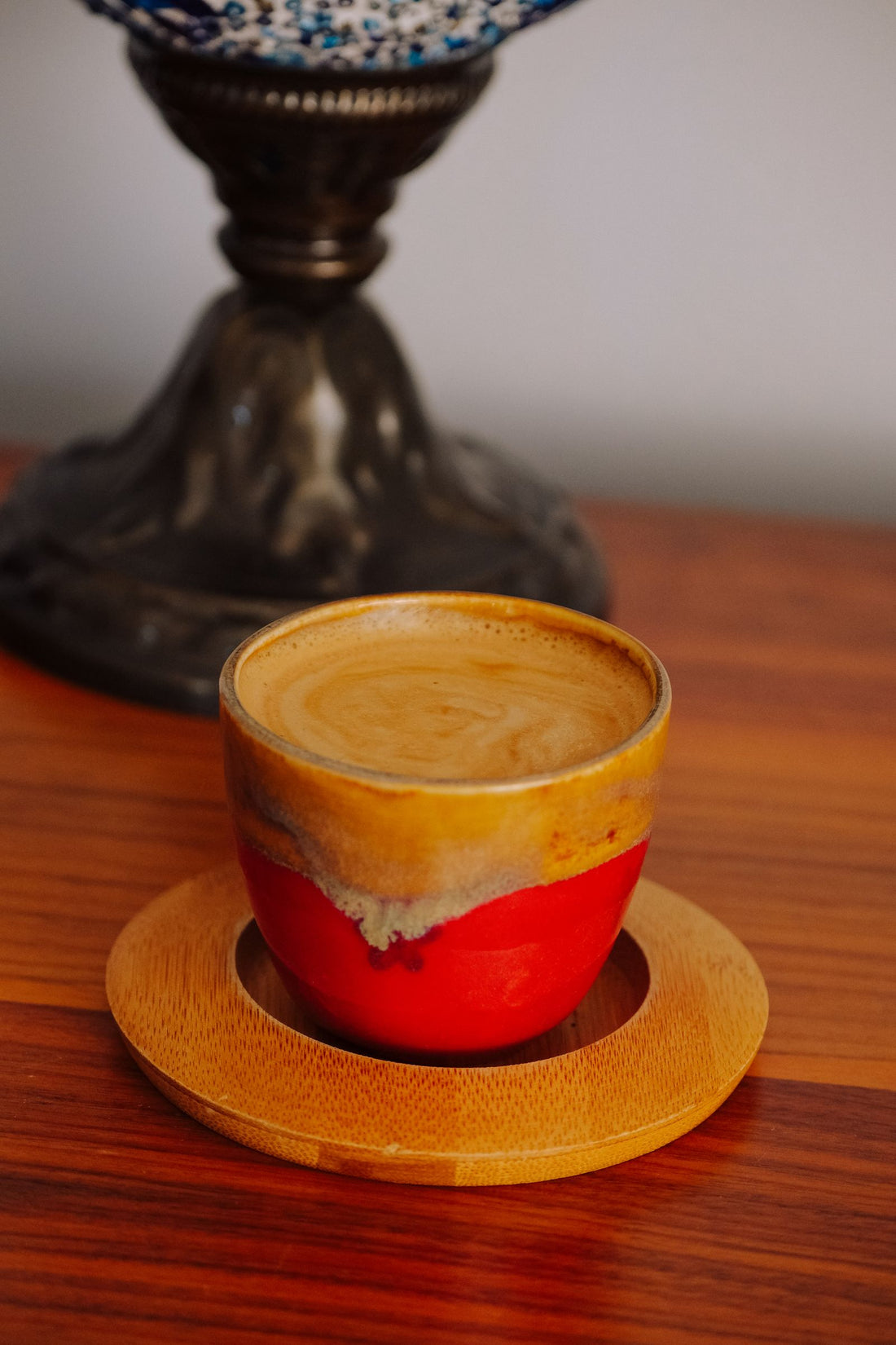 A calm cup of coffee on a wooden table