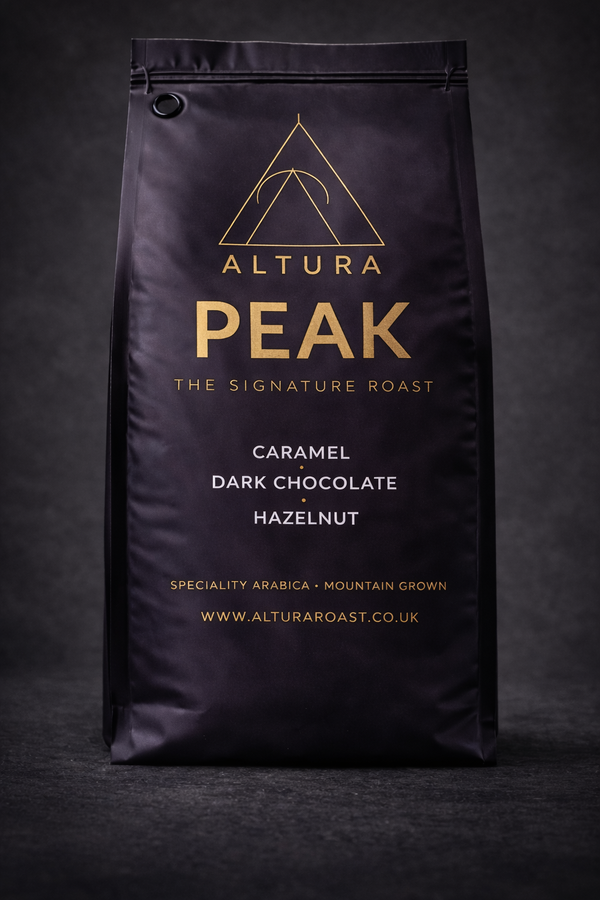 Close-up of Altura Peak medium roast speciality coffee beans bag